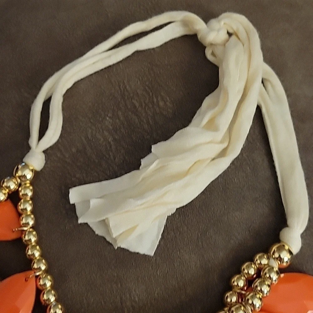 VTG Chandalier Layered Orange Teardrop Fabric Strand Plastron Necklace